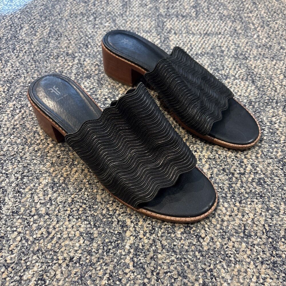 Frye Leather Cindy Mule Sandals Size 8.5 Black Heeled